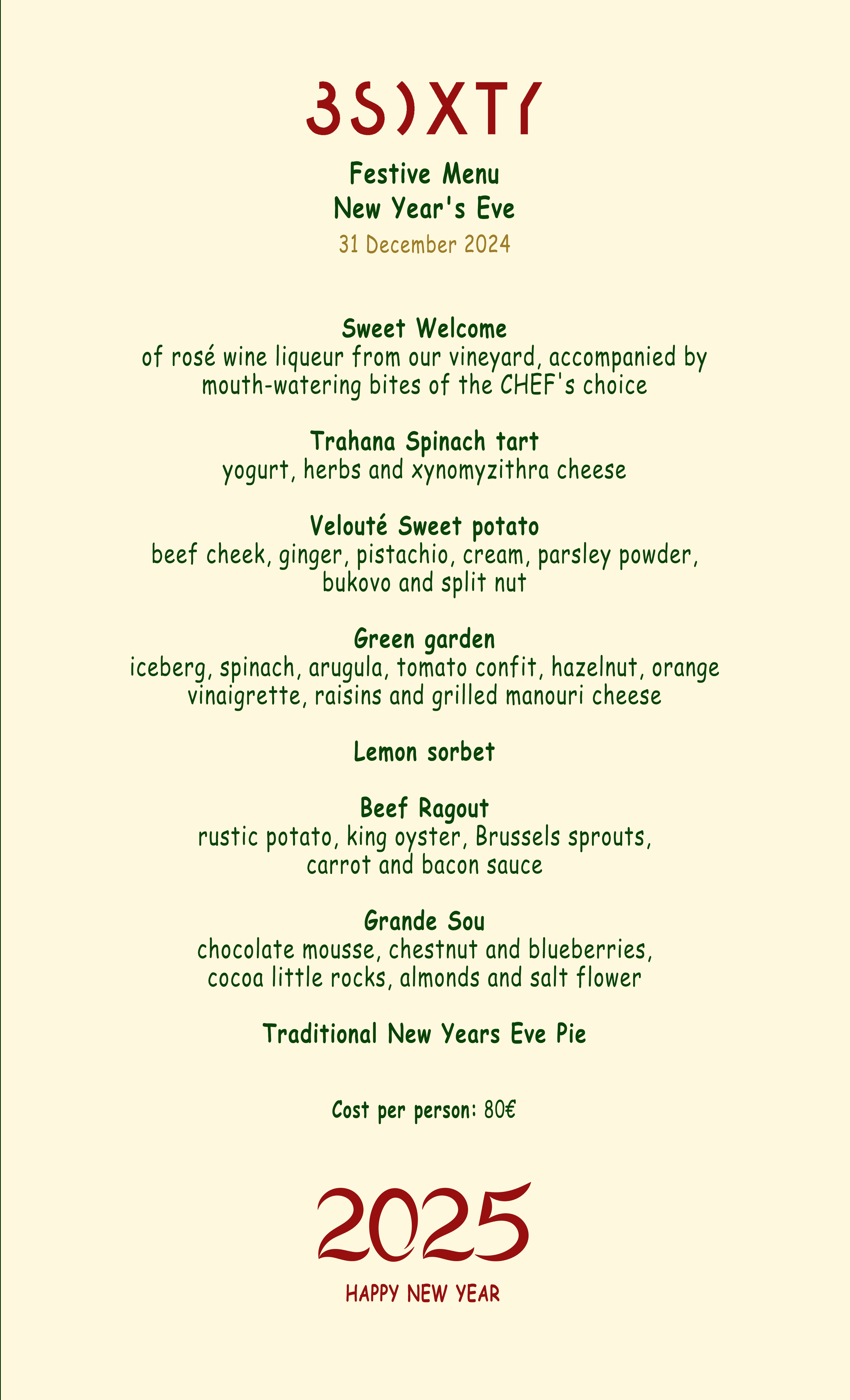 3SIXTY RESTAURANT MENU FOR NEW YEAR'S EVE